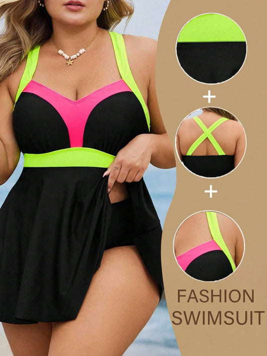 Swim Lushoire Plus Size Women 2pcs Set Colorblock Camisole Crop Top & A-Line Shorts Swimsuit, Fashion Casual Summer Beach Vacation