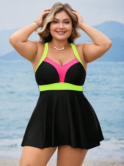 Swim Lushoire Plus Size Women 2pcs Set Colorblock Camisole Crop Top & A-Line Shorts Swimsuit, Fashion Casual Summer Beach Vacation