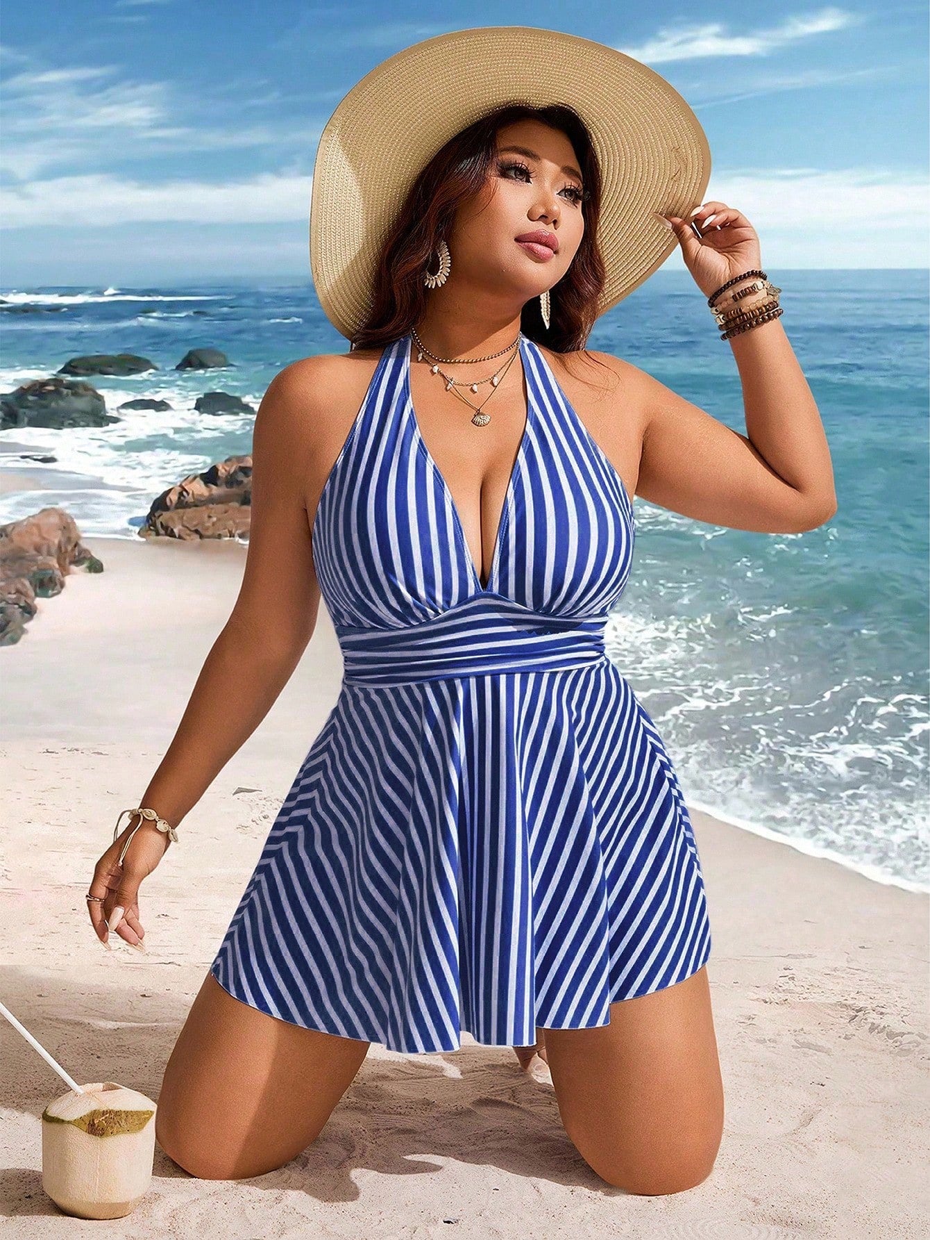 Swim Lushoire Plus Size Women 2pcs Striped Print Waist Pleated Halter Tankini Swimwear, Mature Minimalist Casual Resort Swimwear