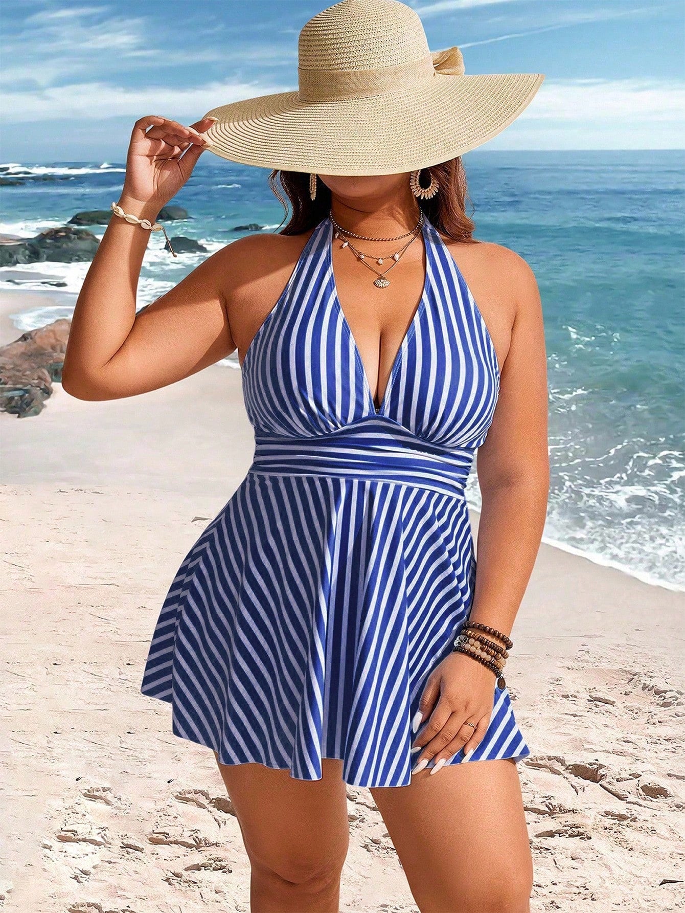 Swim Lushoire Plus Size Women 2pcs Striped Print Waist Pleated Halter Tankini Swimwear, Mature Minimalist Casual Resort Swimwear