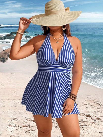 Swim Lushoire Plus Size Women 2pcs Striped Print Waist Pleated Halter Tankini Swimwear, Mature Minimalist Casual Resort Swimwear