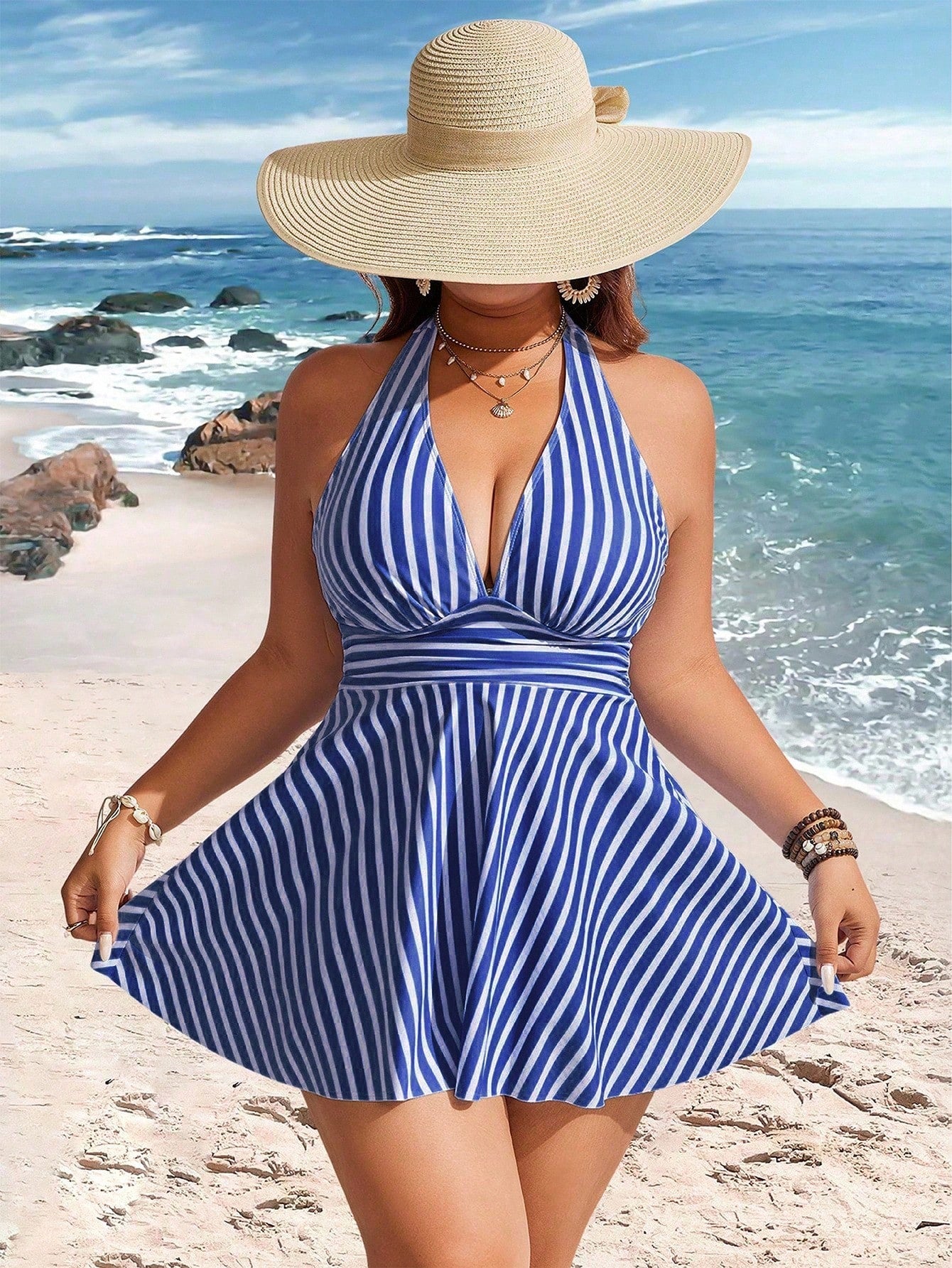 Swim Lushoire Plus Size Women 2pcs Striped Print Waist Pleated Halter Tankini Swimwear, Mature Minimalist Casual Resort Swimwear