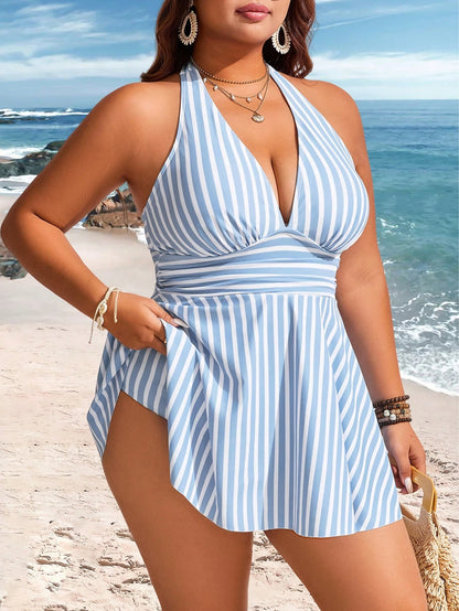 Swim Lushoire Plus Size Women 2pcs Striped Print Waist Pleated Halter Tankini Swimwear, Mature Minimalist Casual Resort Swimwear