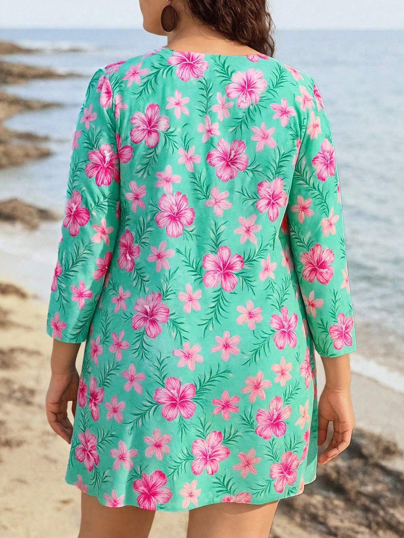 Swim Lushoire Plus Size Women 3 Pieces Set With Random Digital Print Long Sleeve Cover Up, Swimsuit, Beach Vacation Style For Summer