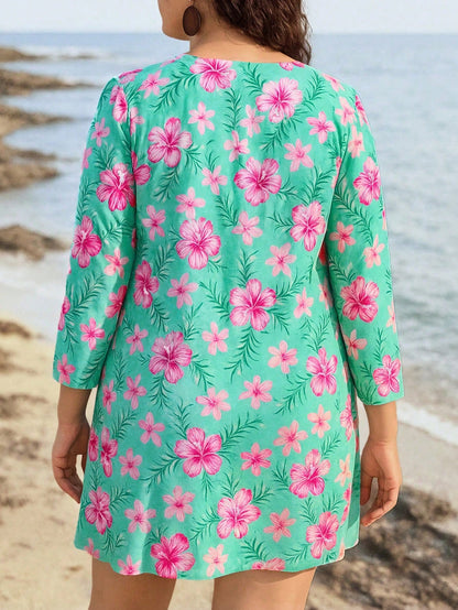 Swim Lushoire Plus Size Women 3 Pieces Set With Random Digital Print Long Sleeve Cover Up, Swimsuit, Beach Vacation Style For Summer