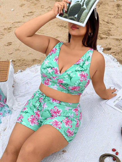 Swim Lushoire Plus Size Women 3 Pieces Set With Random Digital Print Long Sleeve Cover Up, Swimsuit, Beach Vacation Style For Summer
