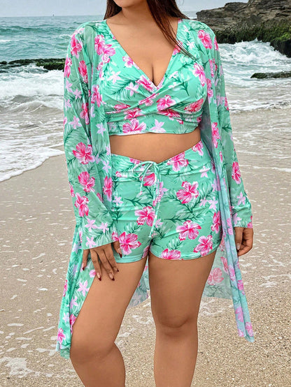 Swim Lushoire Plus Size Women 3 Pieces Set With Random Digital Print Long Sleeve Cover Up, Swimsuit, Beach Vacation Style For Summer