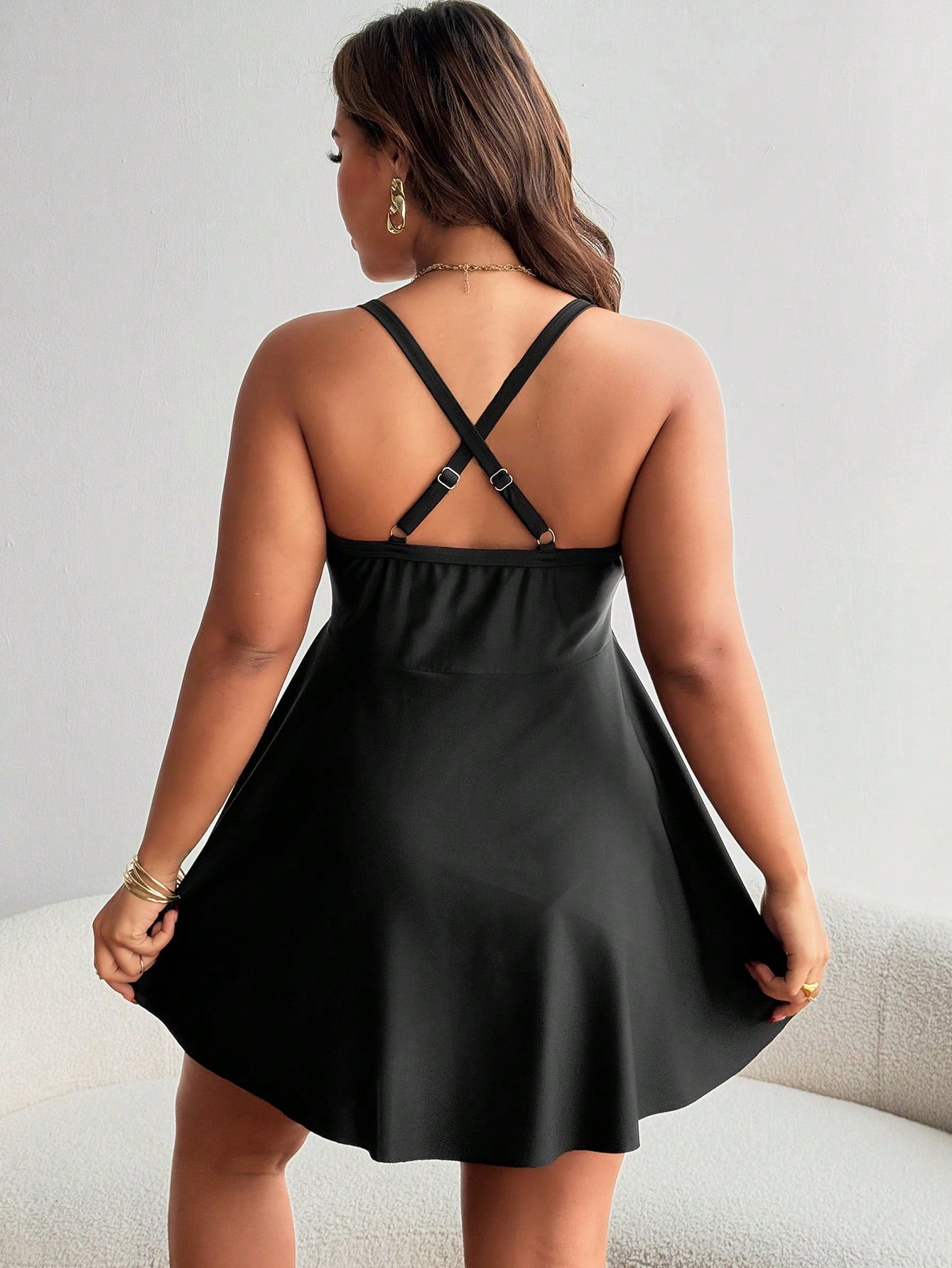 Swim Lushoire Plus Size Women Black Ruffle Front Tie Bow Spaghetti Strap A-Line Swim Dress,Classy Formal Evening Summer Beach Tummy Control Flattering Swimdress