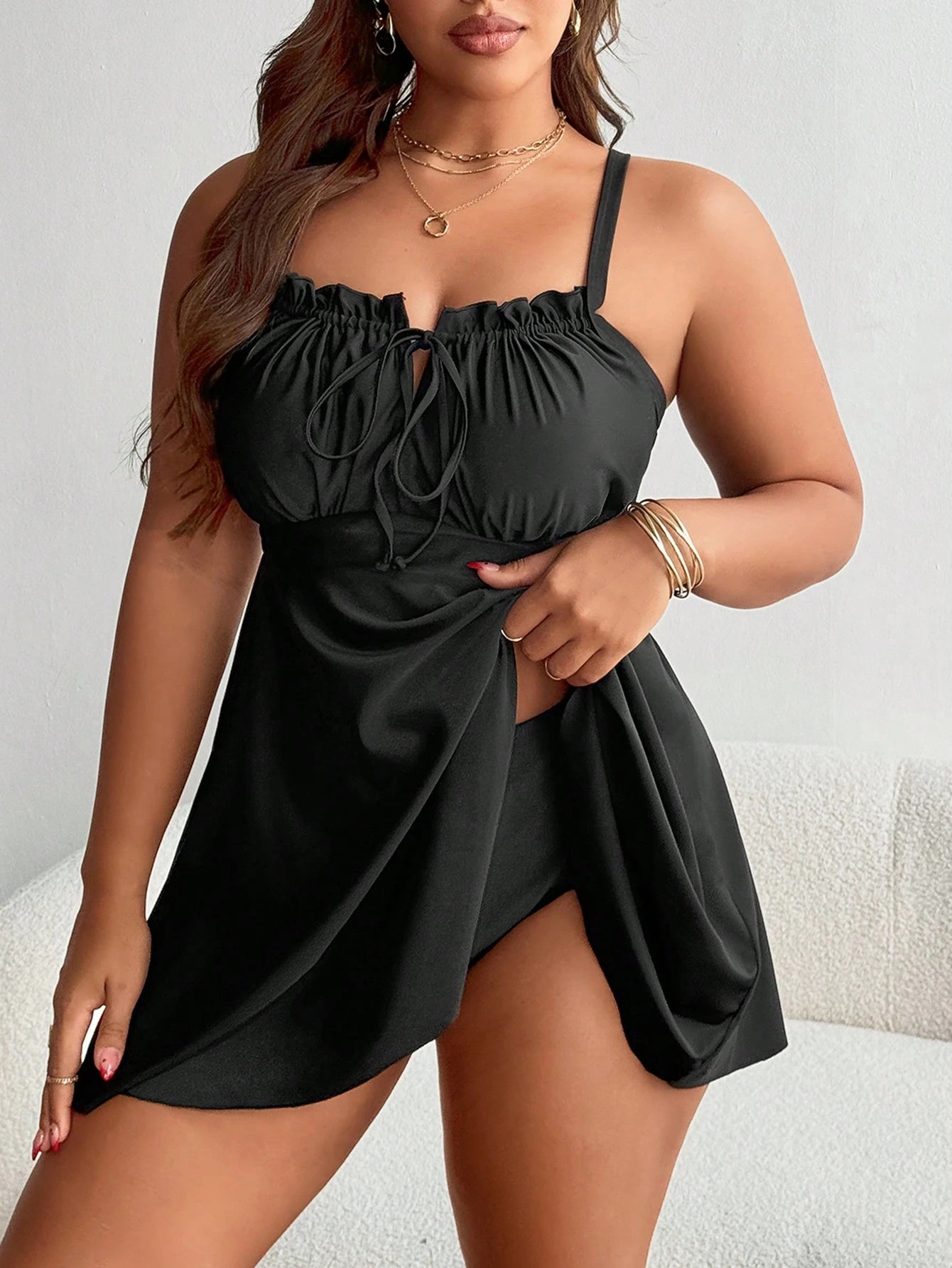Swim Lushoire Plus Size Women Black Ruffle Front Tie Bow Spaghetti Strap A-Line Swim Dress,Classy Formal Evening Summer Beach Tummy Control Flattering Swimdress