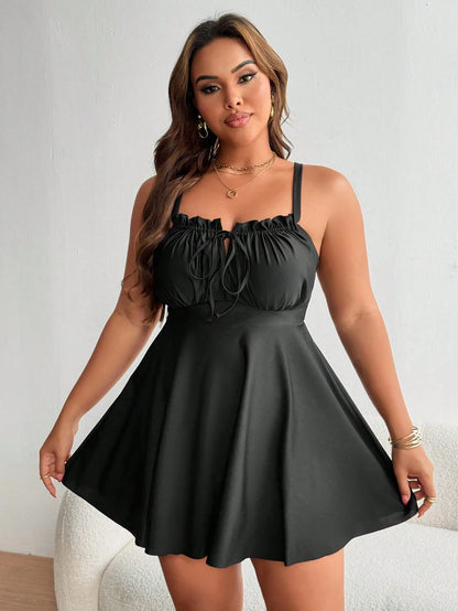 Swim Lushoire Plus Size Women Black Ruffle Front Tie Bow Spaghetti Strap A-Line Swim Dress,Classy Formal Evening Summer Beach Tummy Control Flattering Swimdress