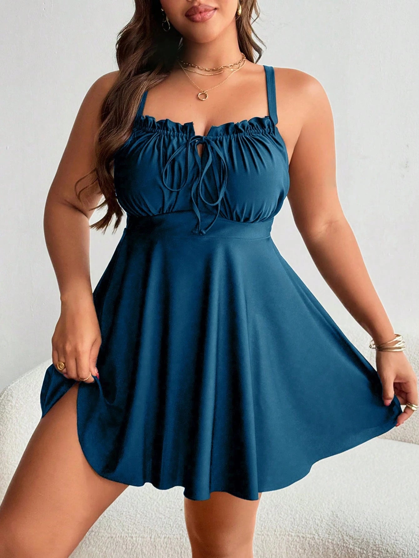 Swim Lushoire Plus Size Women Black Ruffle Front Tie Bow Spaghetti Strap A-Line Swim Dress,Classy Formal Evening Summer Beach Tummy Control Flattering Swimdress