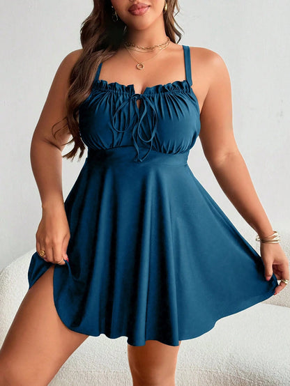 Swim Lushoire Plus Size Women Black Ruffle Front Tie Bow Spaghetti Strap A-Line Swim Dress,Classy Formal Evening Summer Beach Tummy Control Flattering Swimdress