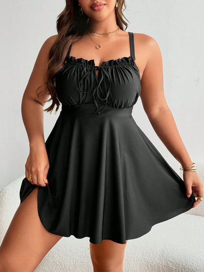 Swim Lushoire Plus Size Women Black Ruffle Front Tie Bow Spaghetti Strap A-Line Swim Dress,Classy Formal Evening Summer Beach Tummy Control Flattering Swimdress