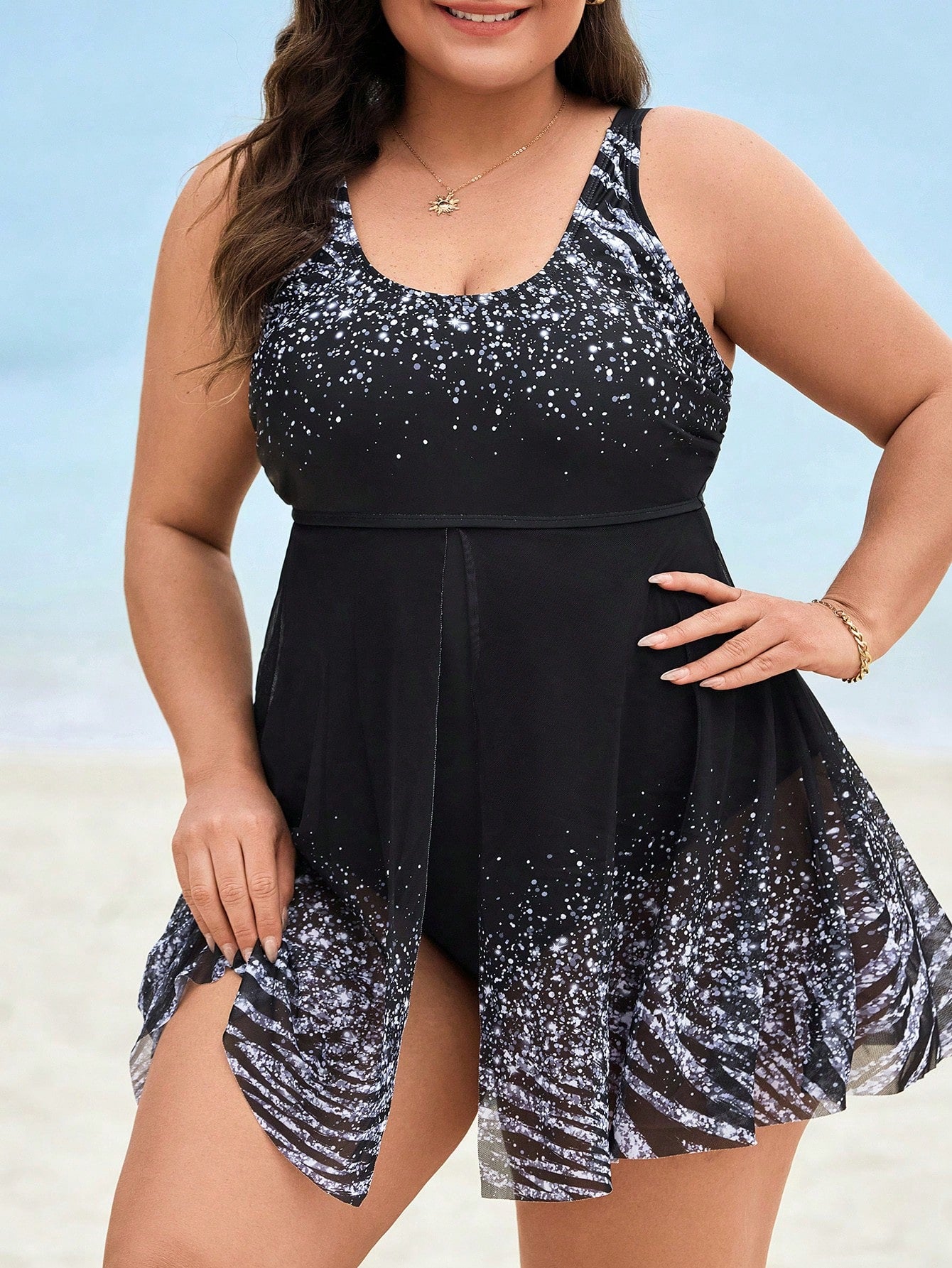 Swim Lushoire Plus Size Women One-Piece Printed Simple Swim Dress For Summer Vacation