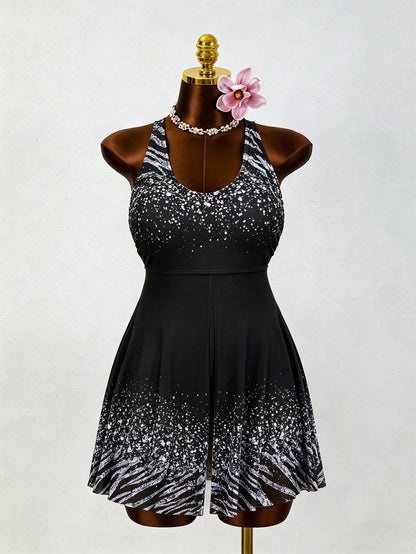Swim Lushoire Plus Size Women One-Piece Printed Simple Swim Dress For Summer Vacation