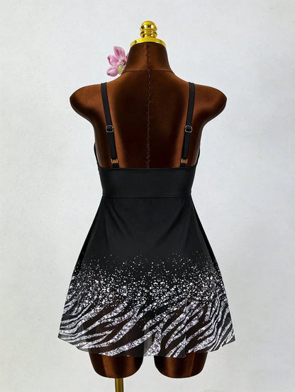 Swim Lushoire Plus Size Women One-Piece Printed Simple Swim Dress For Summer Vacation
