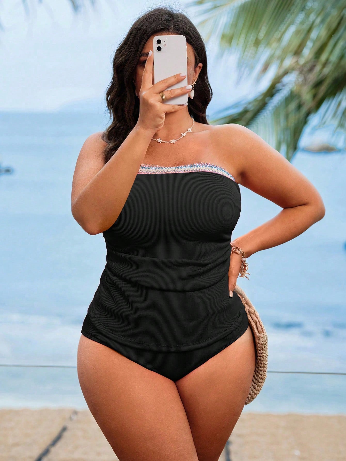 Swim Lushoire Plus Size Women Pink Sling Bandeau Splicing Contrast Color Slimming High-End Beach Resort Swimwear For Summer Beach Vacation