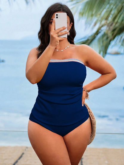 Swim Lushoire Plus Size Women Pink Sling Bandeau Splicing Contrast Color Slimming High-End Beach Resort Swimwear For Summer Beach Vacation