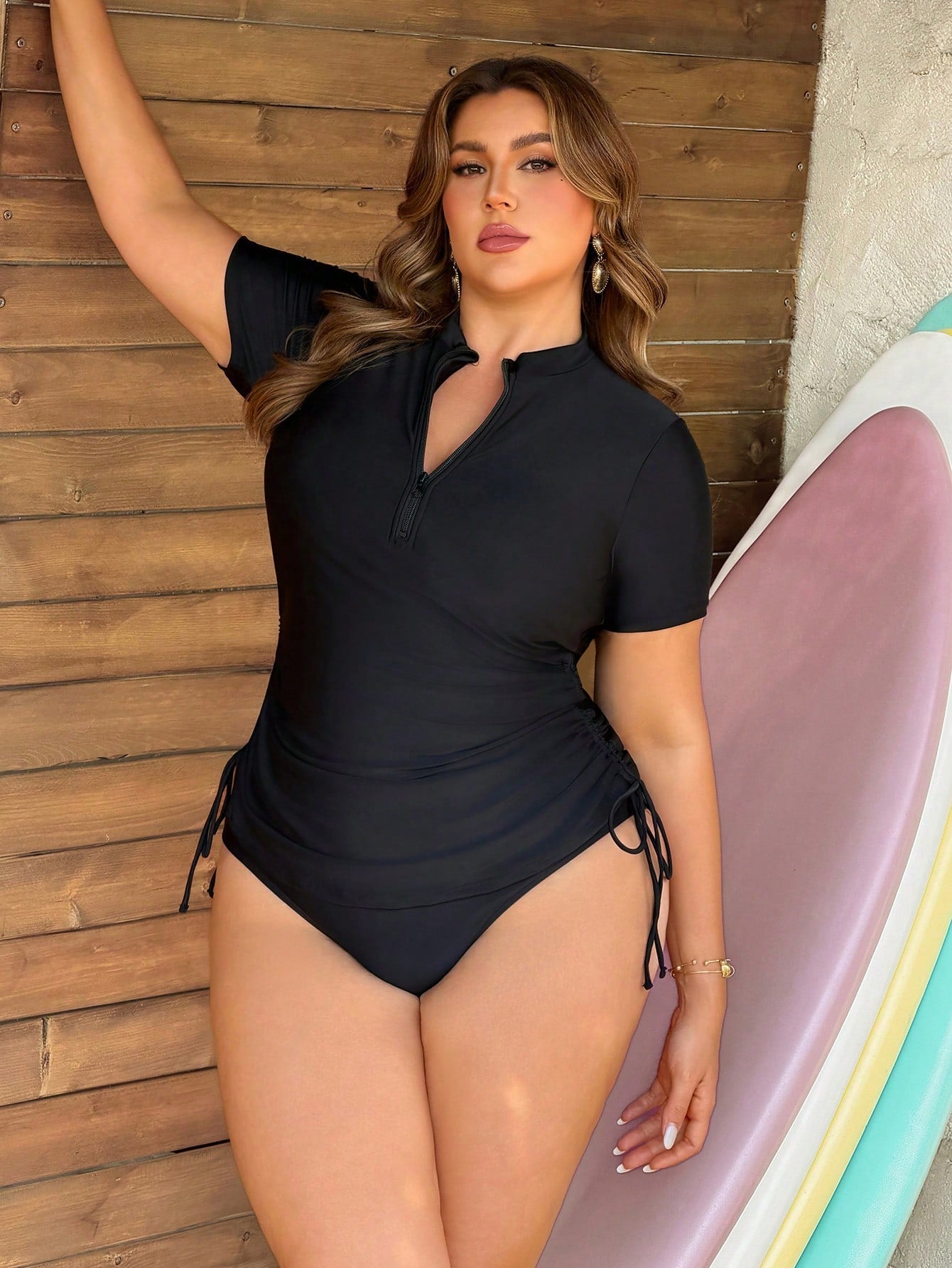 Swim Lushoire Plus Size Women's 2 Piece Set- Solid Color Zip-Up Half Sleeve Top And High Waist Triangle Bottoms, Mature Casual Vacation Minimalist Bikini
