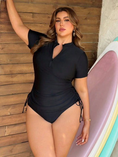 Swim Lushoire Plus Size Women's 2 Piece Set- Solid Color Zip-Up Half Sleeve Top And High Waist Triangle Bottoms, Mature Casual Vacation Minimalist Bikini
