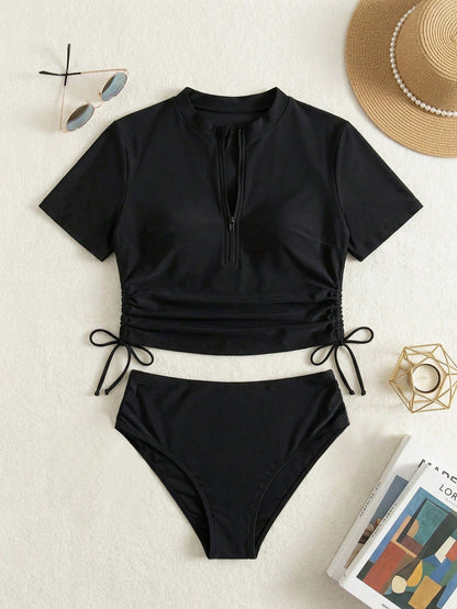 Swim Lushoire Plus Size Women's 2 Piece Set- Solid Color Zip-Up Half Sleeve Top And High Waist Triangle Bottoms, Mature Casual Vacation Minimalist Bikini