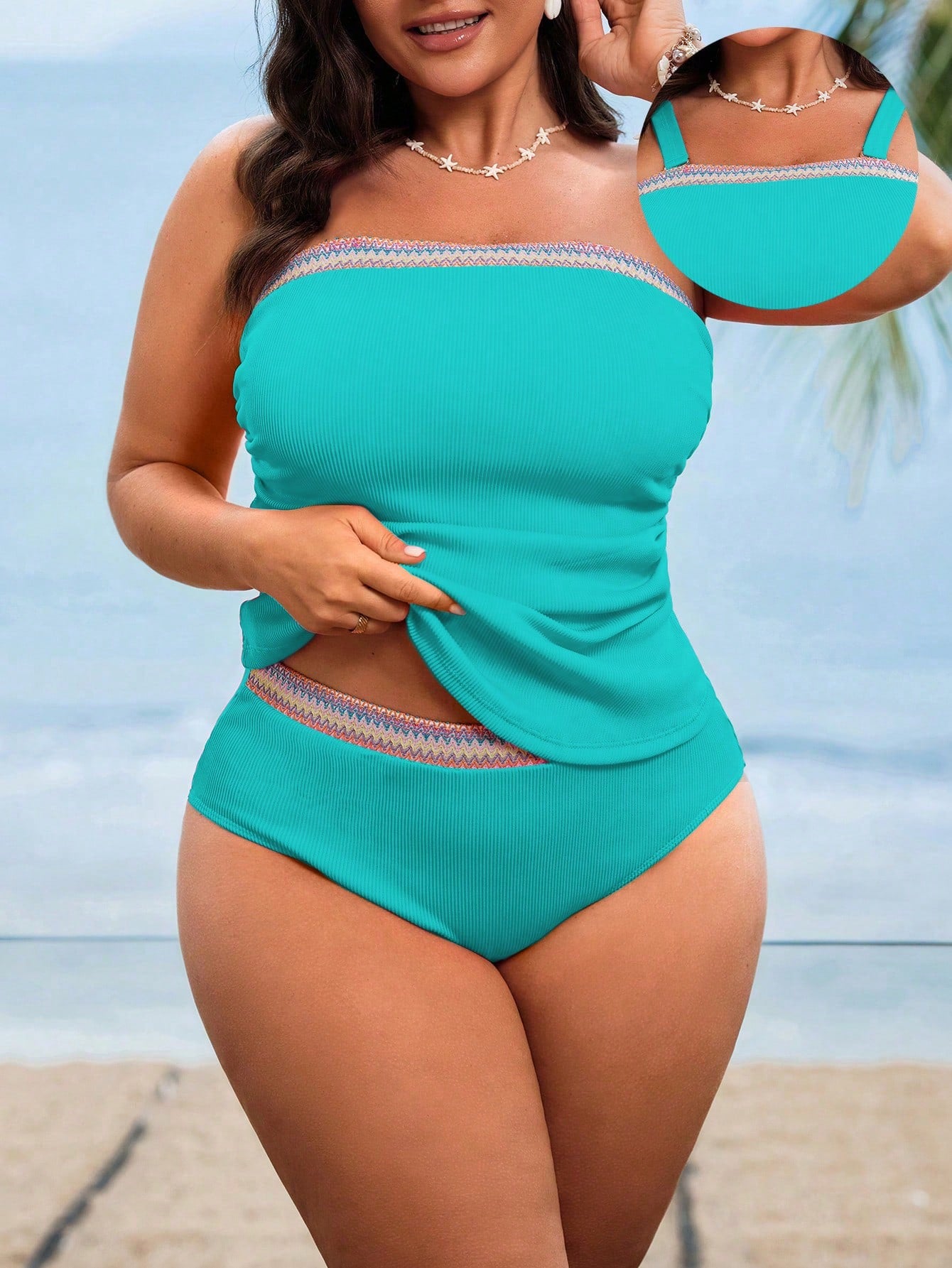 Swim Lushoire Plus Size Women's Pink Halter Bandeau Two-Piece High-End Colorblock Slimming Beach Vacation Swimsuit