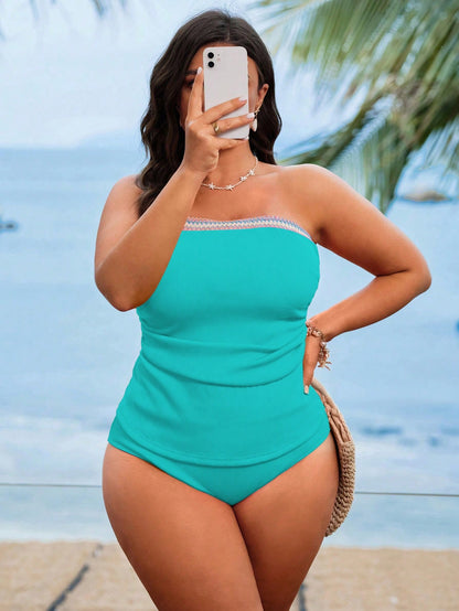 Swim Lushoire Plus Size Women's Pink Halter Bandeau Two-Piece High-End Colorblock Slimming Beach Vacation Swimsuit