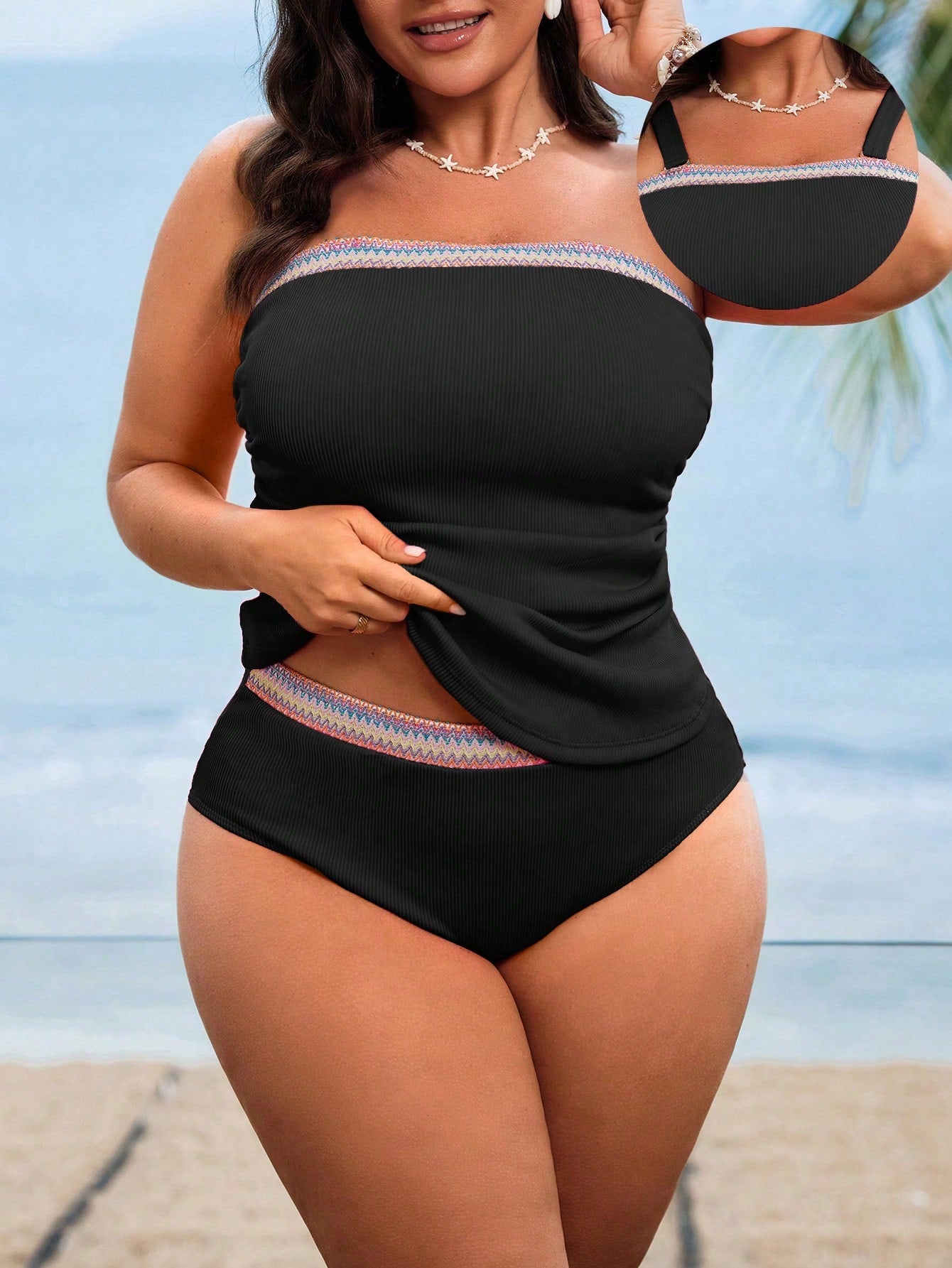 Swim Lushoire Plus Size Women's Pink Halter Bandeau Two-Piece High-End Colorblock Slimming Beach Vacation Swimsuit