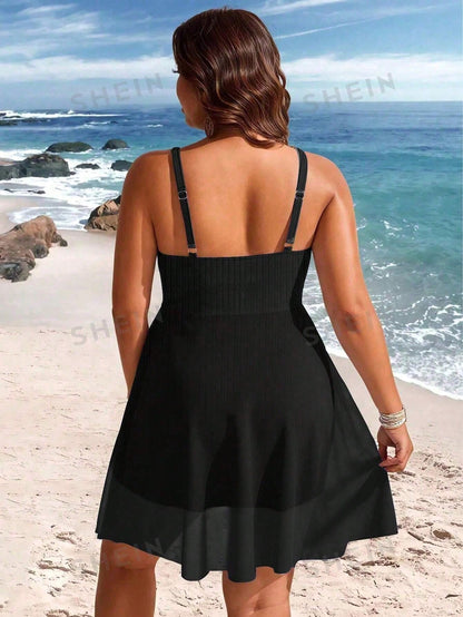 Swim Lushoire Plus Size Women's Print Contrast Mesh Strap One-Piece Swimsuit Dress