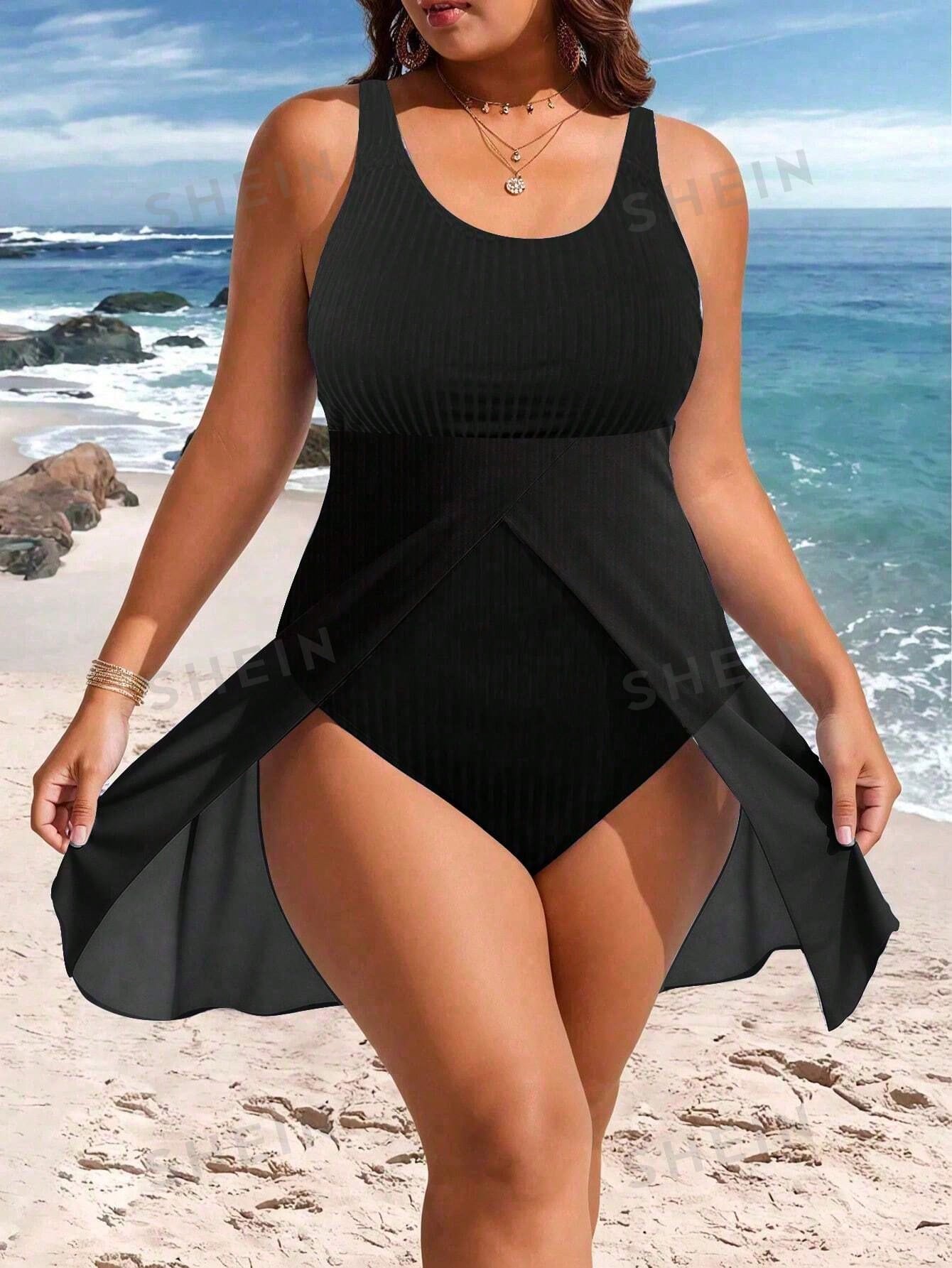 Swim Lushoire Plus Size Women's Print Contrast Mesh Strap One-Piece Swimsuit Dress