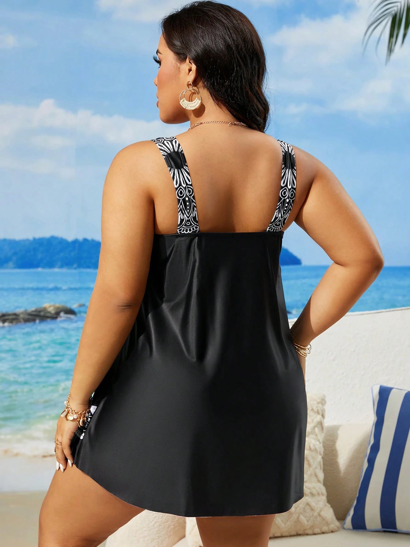 Swim Lushoire Plus Size Women's Printed Simple Daily Sleeveless Swimsuit Summer