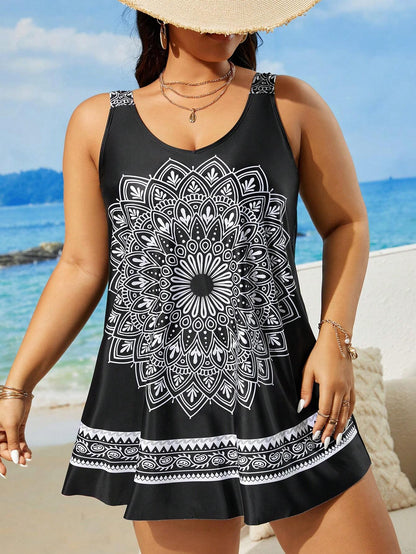 Swim Lushoire Plus Size Women's Printed Simple Daily Sleeveless Swimsuit Summer