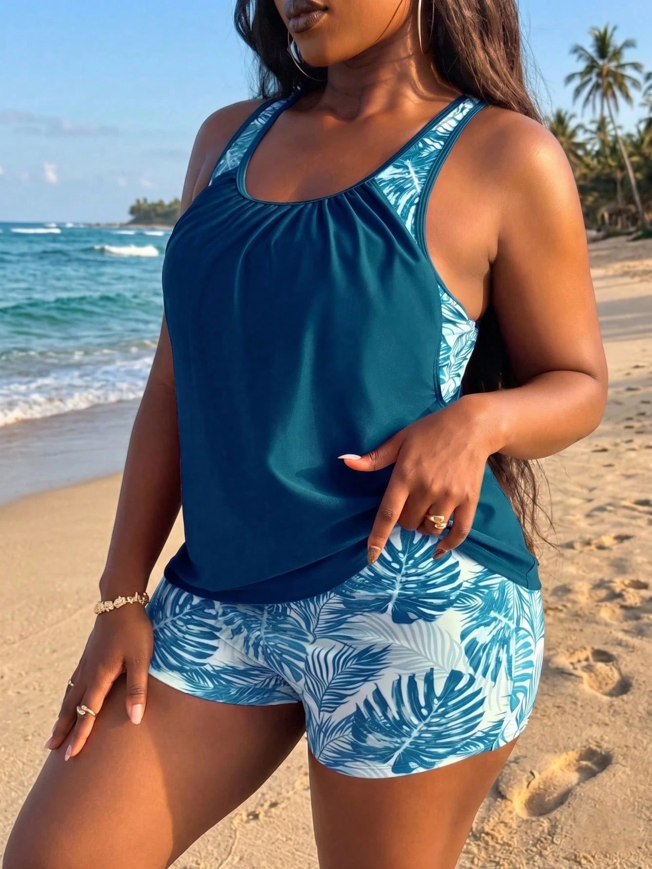 Swim Lushoire Plus Size Women's Random Tropical Plant Print Tankini Swimsuit Set, 2 Pieces Tank Top And Shorts