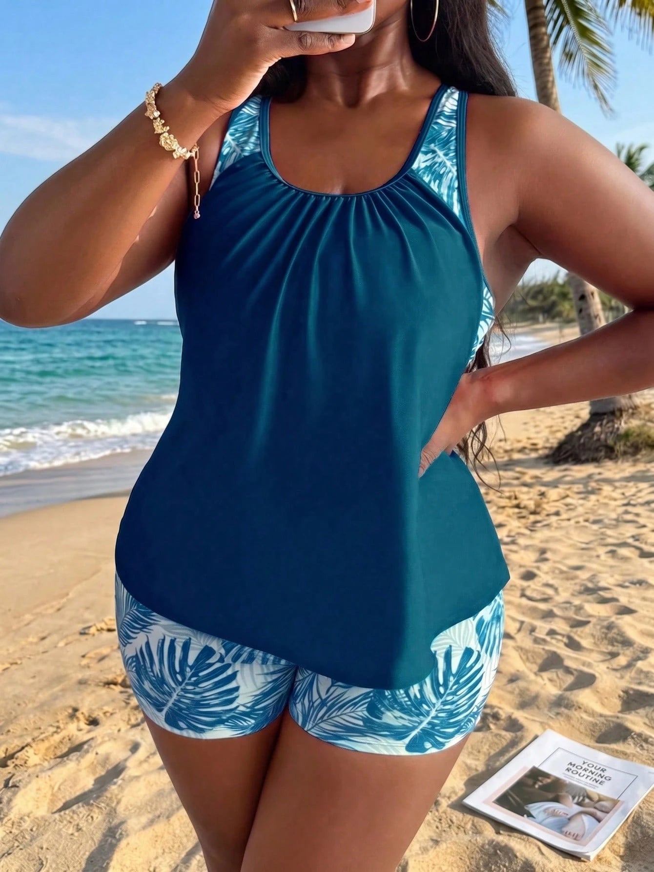 Swim Lushoire Plus Size Women's Random Tropical Plant Print Tankini Swimsuit Set, 2 Pieces Tank Top And Shorts