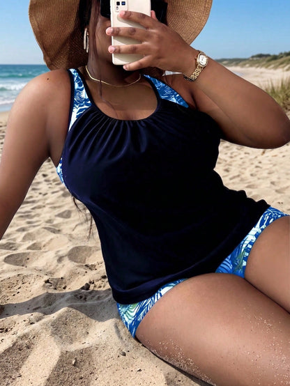 Swim Lushoire Plus Size Women's Random Tropical Plant Print Tankini Swimsuit Set, 2 Pieces Tank Top And Shorts