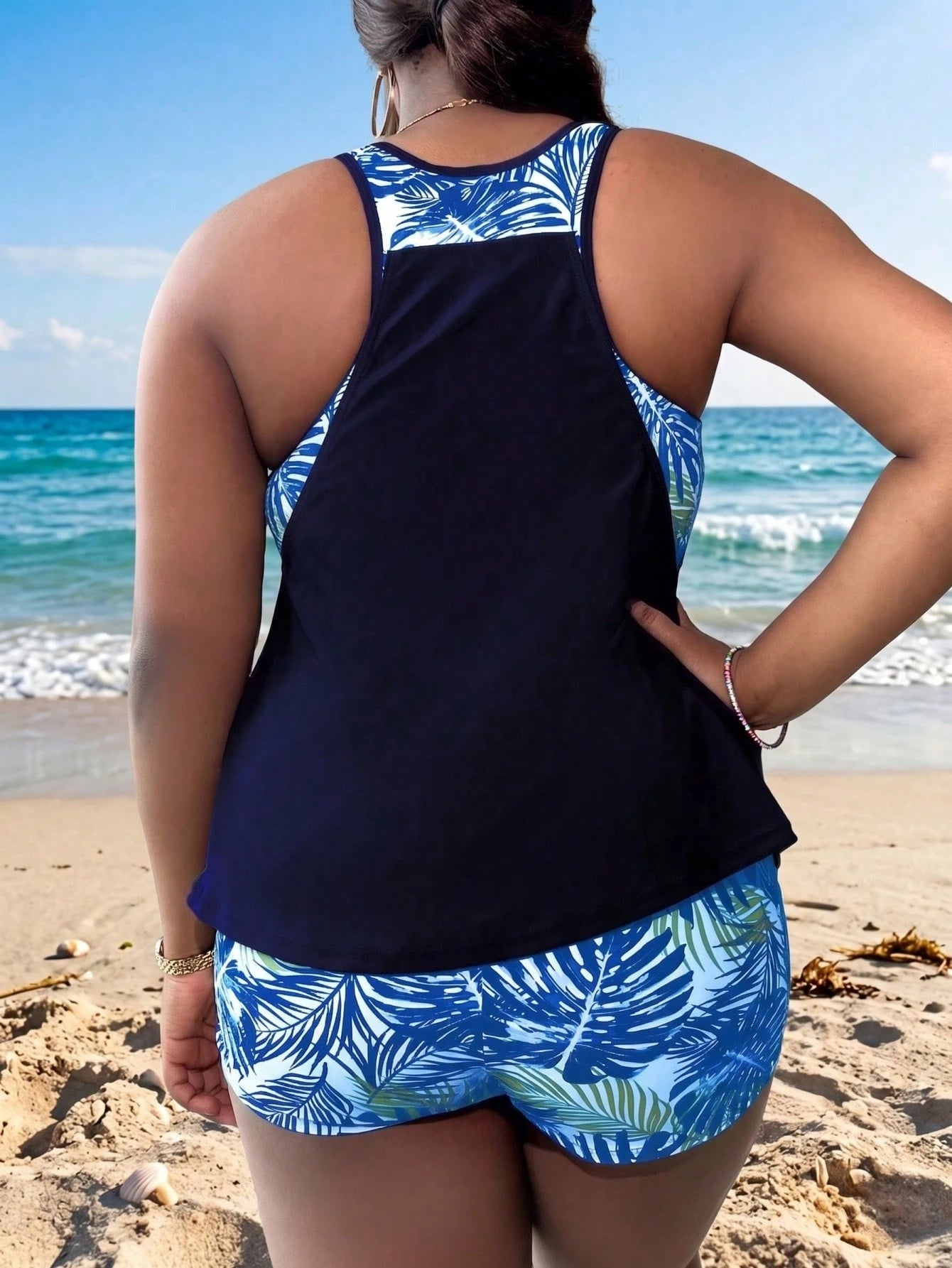 Swim Lushoire Plus Size Women's Random Tropical Plant Print Tankini Swimsuit Set, 2 Pieces Tank Top And Shorts