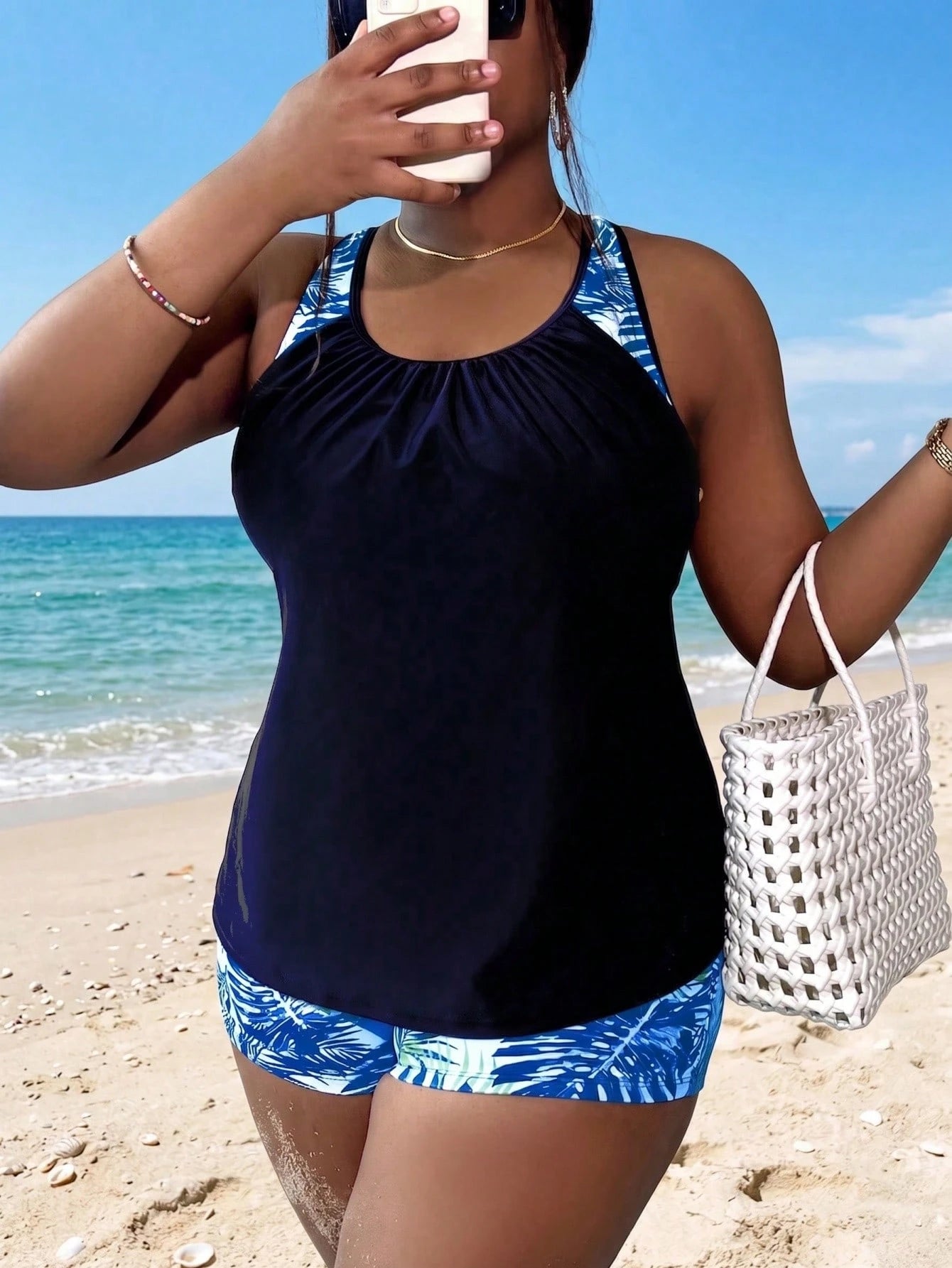 Swim Lushoire Plus Size Women's Random Tropical Plant Print Tankini Swimsuit Set, 2 Pieces Tank Top And Shorts