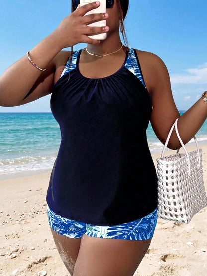 Swim Lushoire Plus Size Women's Random Tropical Plant Print Tankini Swimsuit Set, 2 Pieces Tank Top And Shorts