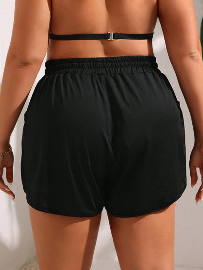 Swim Lushoire Plus Size Women's Side Mesh Mobile Pocket Beach Shorts Summer