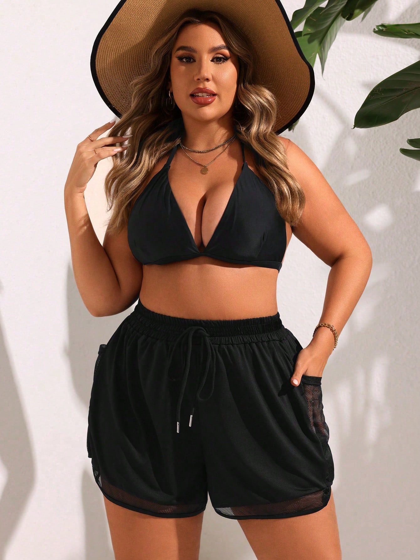 Swim Lushoire Plus Size Women's Side Mesh Mobile Pocket Beach Shorts Summer