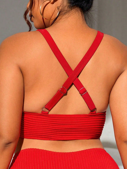 Swim Lushoire Plus Size Women's Summer Beach Holiday Solid Color V-Neck Sexy Bikini Top