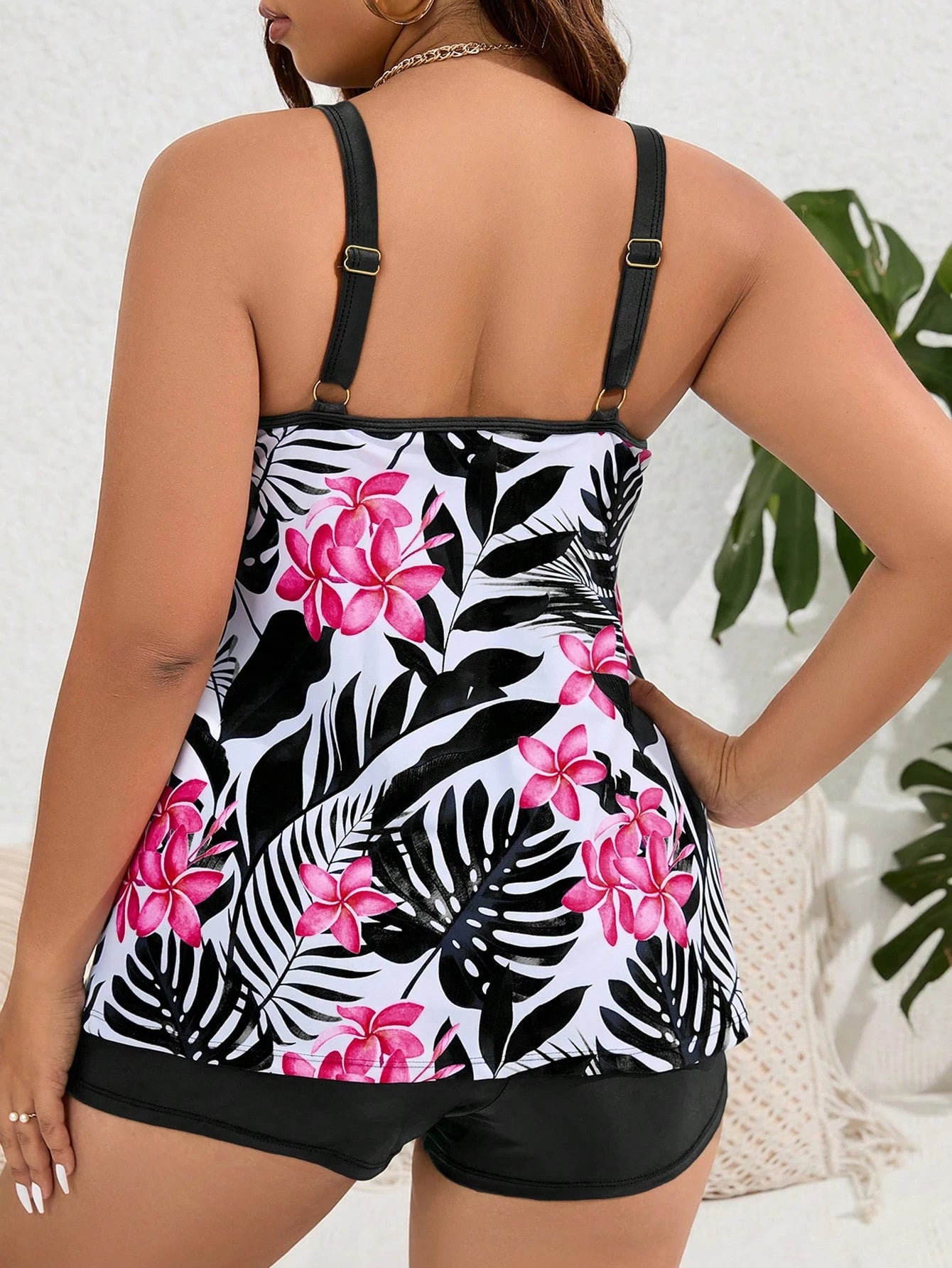 Swim Lushoire Plus Size Women's Tropical Plant Print Casual Cami Swim Dress With Swim Shorts