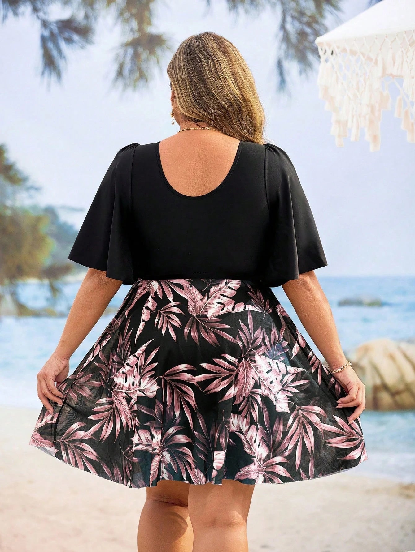 Swim Lushoire Plus Size Women's Tropical Plant Print Ruffled Sleeve Swimdress, Coordinate Bottom Sold Separately For Summer Beach Vacation