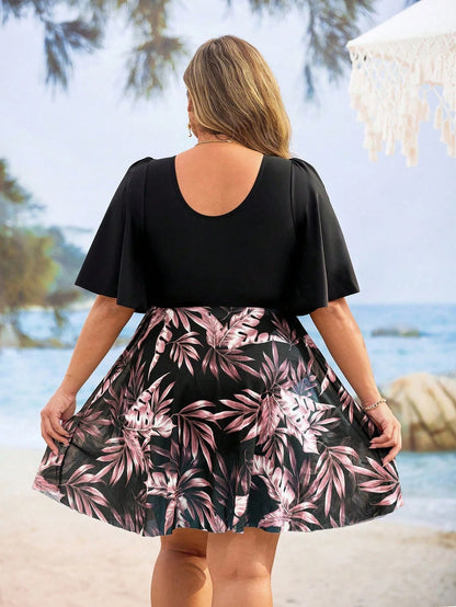 Swim Lushoire Plus Size Women's Tropical Plant Print Ruffled Sleeve Swimdress, Coordinate Bottom Sold Separately For Summer Beach Vacation