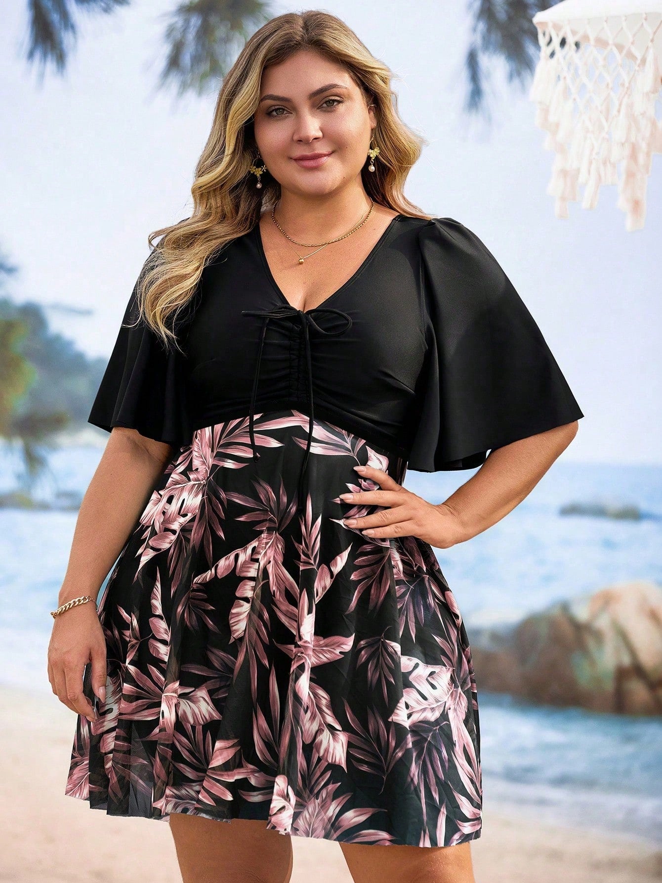 Swim Lushoire Plus Size Women's Tropical Plant Print Ruffled Sleeve Swimdress, Coordinate Bottom Sold Separately For Summer Beach Vacation