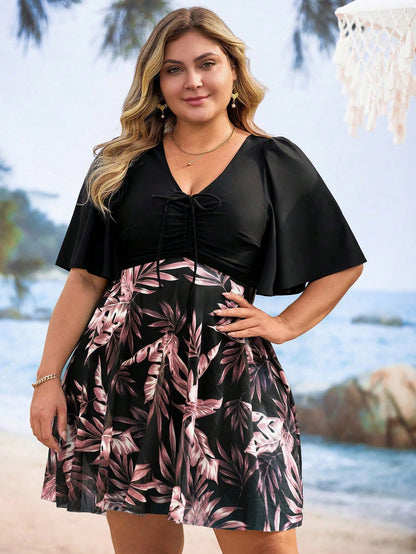 Swim Lushoire Plus Size Women's Tropical Plant Print Ruffled Sleeve Swimdress, Coordinate Bottom Sold Separately For Summer Beach Vacation