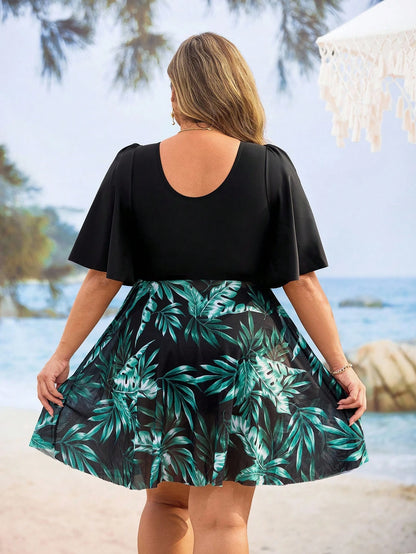 Swim Lushoire Plus Size Women's Tropical Plant Print Ruffled Sleeve Swimdress, Coordinate Bottom Sold Separately For Summer Beach Vacation