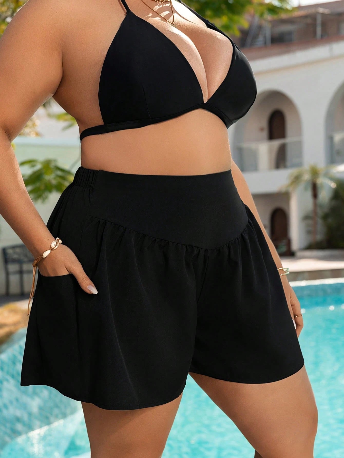 Swim Lushoire Plus Size Women Side Pocket Casual Summer Vacation Beach Shorts Boardshorts