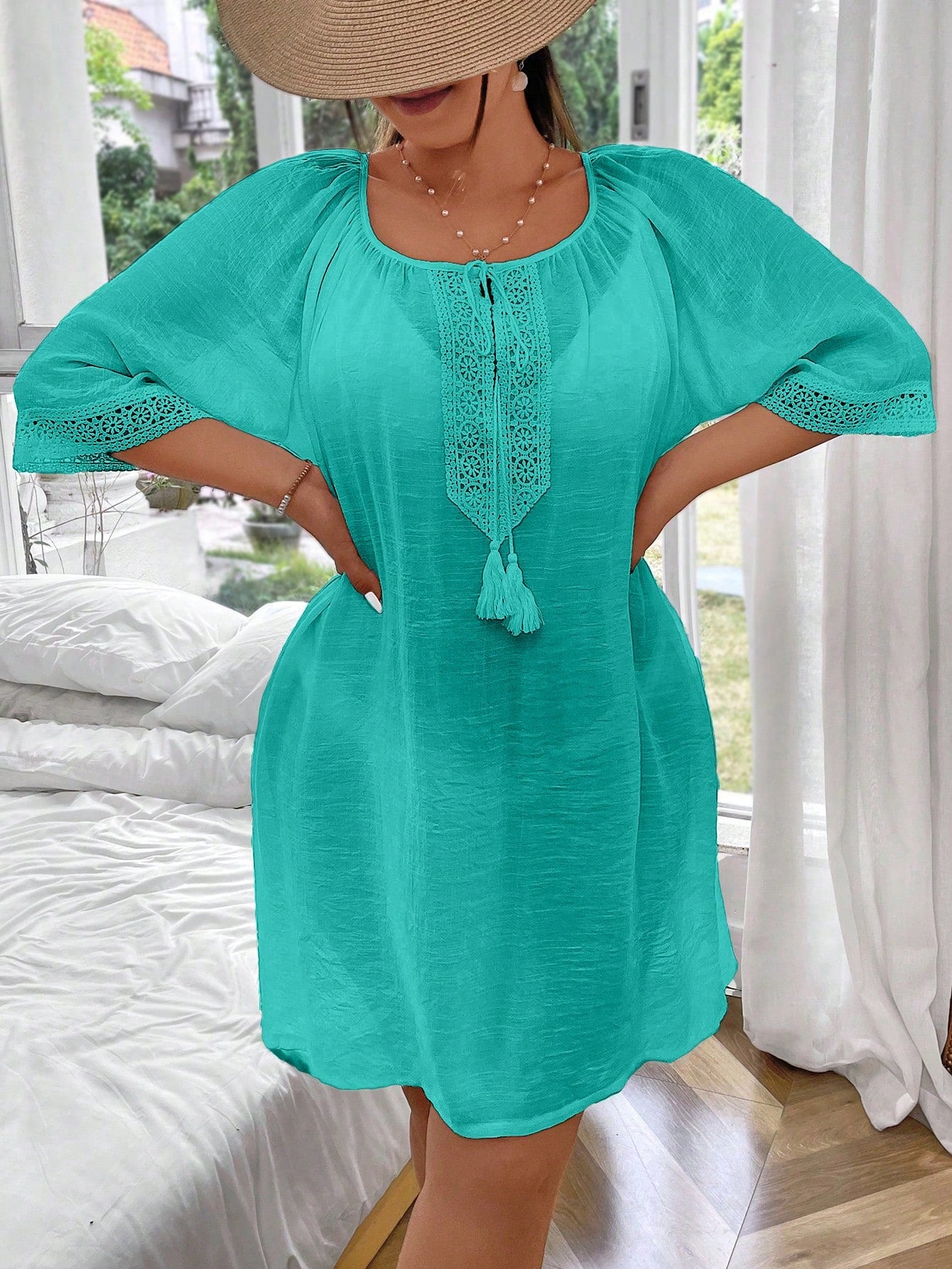 Swim Lushoire Plus Size Women Solid Color One-Piece Dropped Shoulder Shorts Set, Loose Fit Casual Beach Swimsuit Cover Up Tunic For Summer Beach Vacation