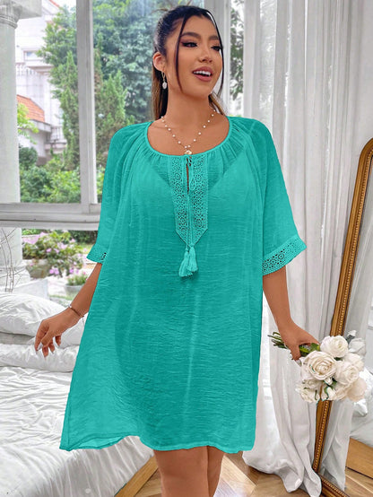 Swim Lushoire Plus Size Women Solid Color One-Piece Dropped Shoulder Shorts Set, Loose Fit Casual Beach Swimsuit Cover Up Tunic For Summer Beach Vacation